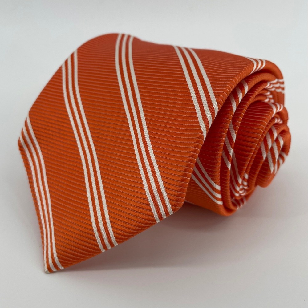 Brooks Brothers Silk Tie Orange White Stripe Stain Resistant Woven in England
